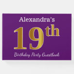 [ Thumbnail: Purple, Faux Gold 19th Birthday Party; Custom Name Guest Book ]