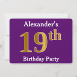 [ Thumbnail: Purple, Faux Gold 19th Birthday Party; Custom Name Invitation ]