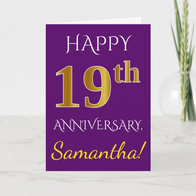 Purple, Faux Gold 19th Wedding Anniversary + Name Card (Front)