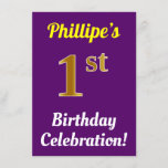 [ Thumbnail: Purple, Faux Gold 1st Birthday Celebration + Name Invitation ]