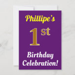 [ Thumbnail: Purple, Faux Gold 1st Birthday Celebration + Name Invitation ]