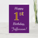 [ Thumbnail: Purple, Faux Gold 1st Birthday + Custom Name Card ]