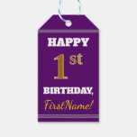 [ Thumbnail: Purple, Faux Gold 1st Birthday + Custom Name Gift Tags ]