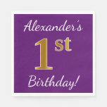[ Thumbnail: Purple, Faux Gold 1st Birthday + Custom Name Paper Napkin ]
