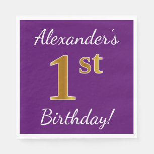 Purple, Faux Gold 1st Birthday + Custom Name Paper Napkins