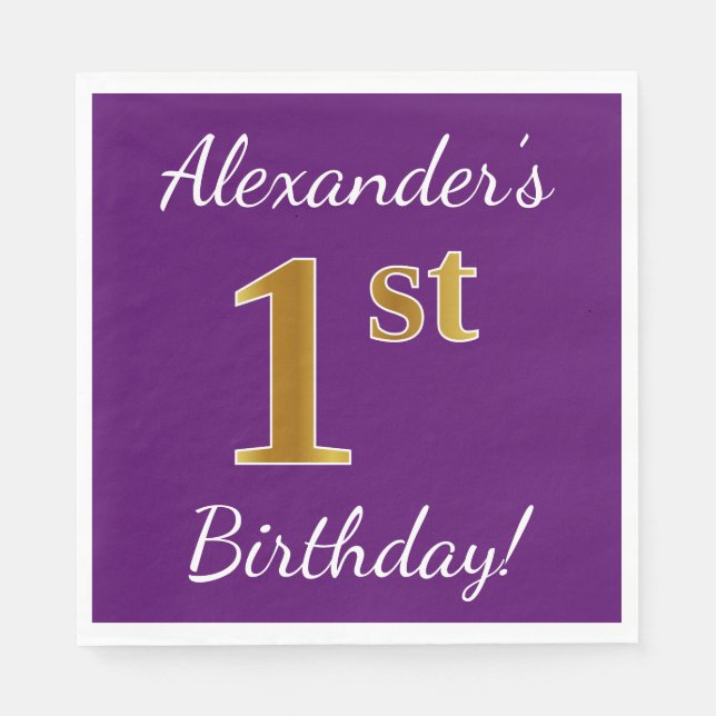 Purple, Faux Gold 1st Birthday + Custom Name Paper Napkins (Front)