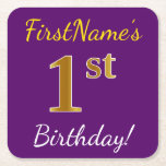 [ Thumbnail: Purple, Faux Gold 1st Birthday + Custom Name Paper Coaster ]