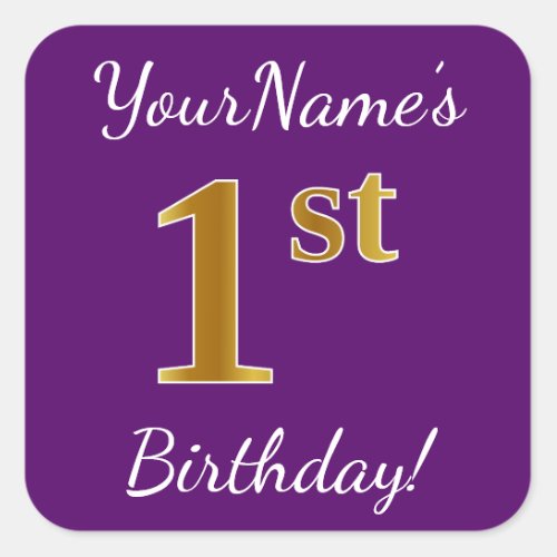Purple Faux Gold 1st Birthday  Custom Name Square Sticker