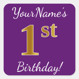 Purple, Faux Gold 1st Birthday + Custom Name Square Sticker