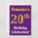 [ Thumbnail: Purple, Faux Gold 20th Birthday Celebration + Name Invitation ]