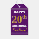 [ Thumbnail: Purple, Faux Gold 20th Birthday + Custom Name Gift Tags ]