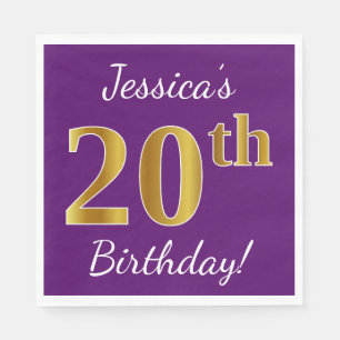 Purple, Faux Gold 20th Birthday + Custom Name Napkins