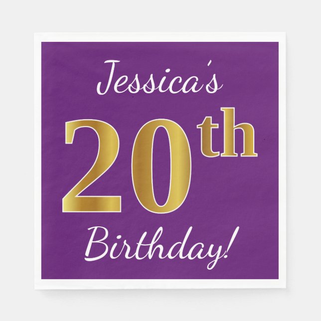 Purple, Faux Gold 20th Birthday + Custom Name Napkins (Front)