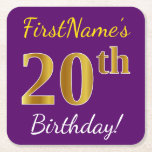 [ Thumbnail: Purple, Faux Gold 20th Birthday + Custom Name Paper Coaster ]