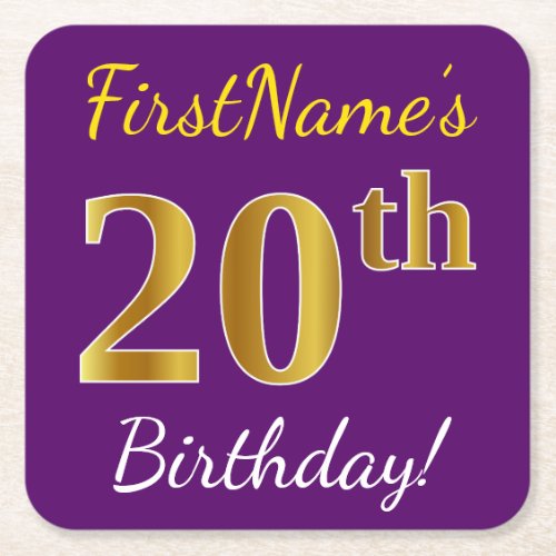Purple Faux Gold 20th Birthday  Custom Name Square Paper Coaster