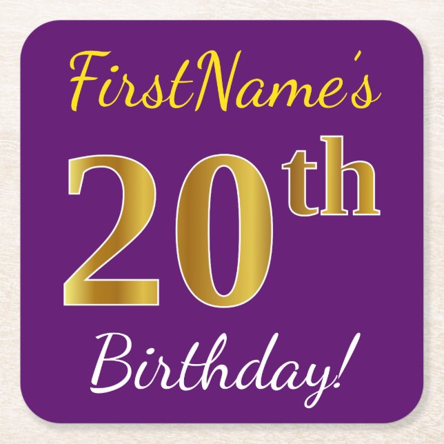 Purple, Faux Gold 20th Birthday + Custom Name Square Paper Coaster (Front)