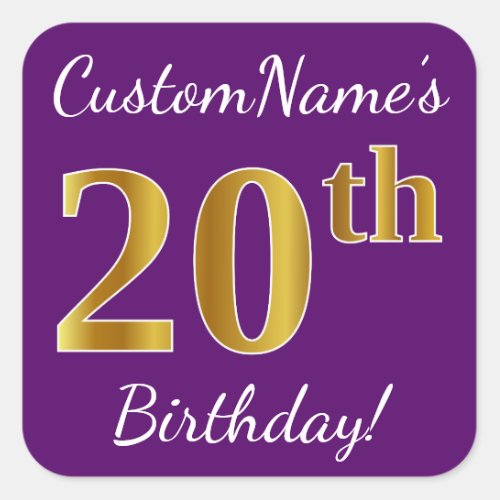 Purple Faux Gold 20th Birthday  Custom Name Square Sticker