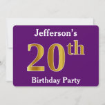 [ Thumbnail: Purple, Faux Gold 20th Birthday Party; Custom Name Invitation ]