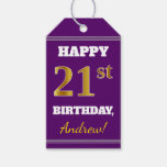 [ Thumbnail: Purple, Faux Gold 21st Birthday + Custom Name Gift Tags ]
