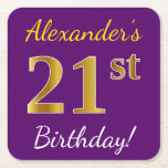 [ Thumbnail: Purple, Faux Gold 21st Birthday + Custom Name Paper Coaster ]