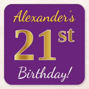 Purple, Faux Gold 21st Birthday + Custom Name Square Paper Coaster