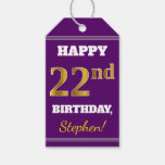 [ Thumbnail: Purple, Faux Gold 22nd Birthday + Custom Name Gift Tags ]