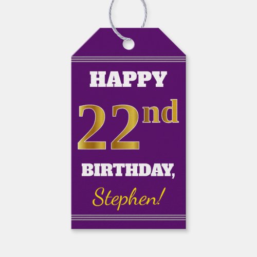 Purple Faux Gold 22nd Birthday  Custom Name Gift Tags