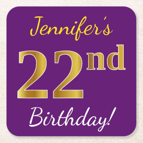 Purple Faux Gold 22nd Birthday  Custom Name Square Paper Coaster