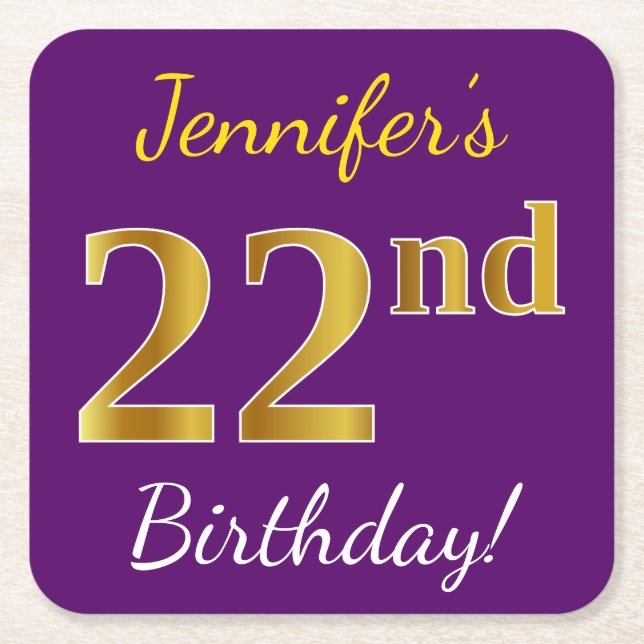 Purple, Faux Gold 22nd Birthday + Custom Name Square Paper Coaster (Front)