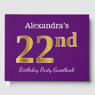 Purple, Faux Gold 22nd Birthday Party; Custom Name Guest Book