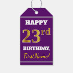 [ Thumbnail: Purple, Faux Gold 23rd Birthday + Custom Name Gift Tags ]