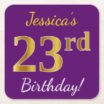 [ Thumbnail: Purple, Faux Gold 23rd Birthday + Custom Name Paper Coaster ]