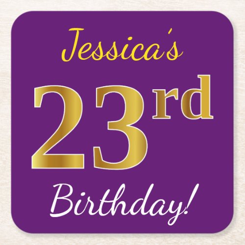 Purple Faux Gold 23rd Birthday  Custom Name Square Paper Coaster