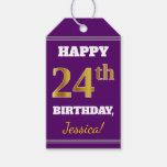 [ Thumbnail: Purple, Faux Gold 24th Birthday + Custom Name Gift Tags ]