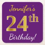 [ Thumbnail: Purple, Faux Gold 24th Birthday + Custom Name Paper Coaster ]