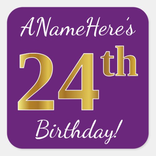 Purple Faux Gold 24th Birthday  Custom Name Square Sticker