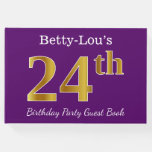 [ Thumbnail: Purple, Faux Gold 24th Birthday Party; Custom Name Guest Book ]