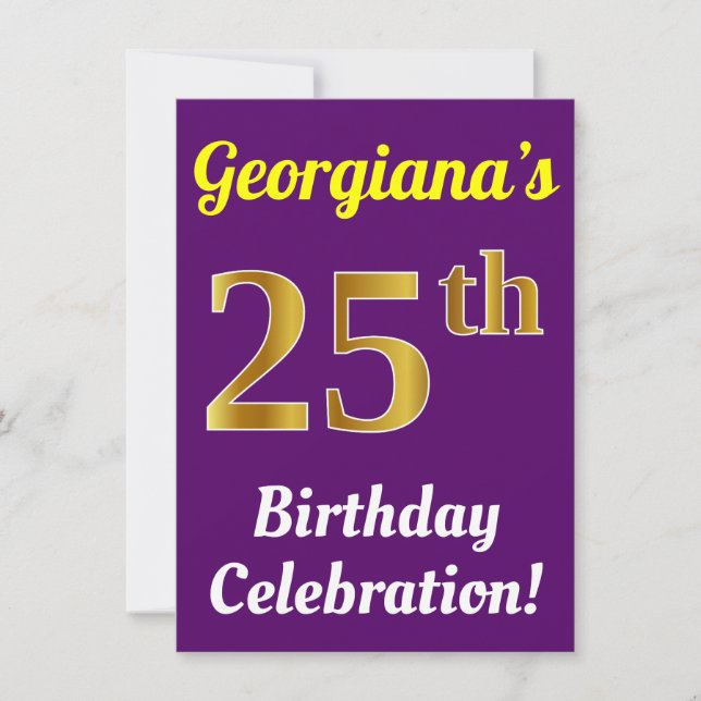Purple, Faux Gold 25th Birthday Celebration + Name Invitation (Front)