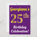 [ Thumbnail: Purple, Faux Gold 25th Birthday Celebration + Name Invitation ]
