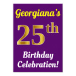 [ Thumbnail: Purple, Faux Gold 25th Birthday Celebration + Name Invitation ]