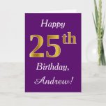[ Thumbnail: Purple, Faux Gold 25th Birthday + Custom Name Card ]