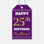 [ Thumbnail: Purple, Faux Gold 25th Birthday + Custom Name Gift Tags ]