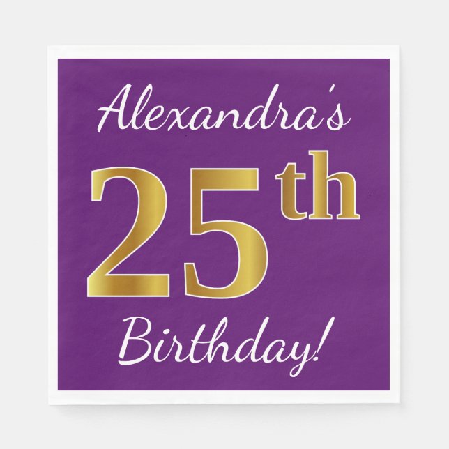 Purple, Faux Gold 25th Birthday + Custom Name Napkins (Front)