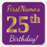 [ Thumbnail: Purple, Faux Gold 25th Birthday + Custom Name Paper Coaster ]
