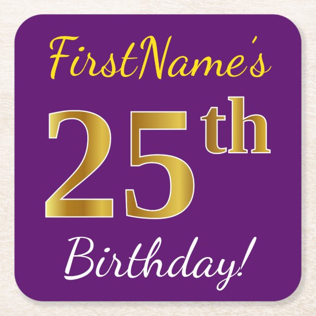 Purple, Faux Gold 25th Birthday + Custom Name Square Paper Coaster (Front)