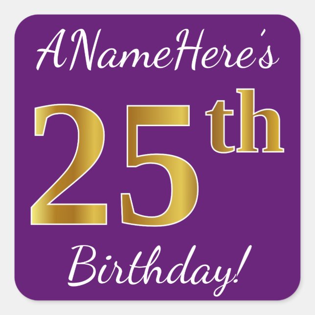 Purple, Faux Gold 25th Birthday + Custom Name Square Sticker (Front)