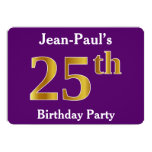 [ Thumbnail: Purple, Faux Gold 25th Birthday Party; Custom Name Invitation ]