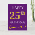 [ Thumbnail: Purple, Faux Gold 25th Wedding Anniversary + Name Card ]