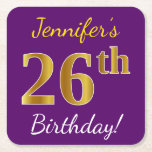 [ Thumbnail: Purple, Faux Gold 26th Birthday + Custom Name Paper Coaster ]