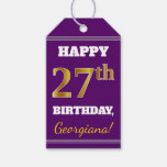 [ Thumbnail: Purple, Faux Gold 27th Birthday + Custom Name Gift Tags ]